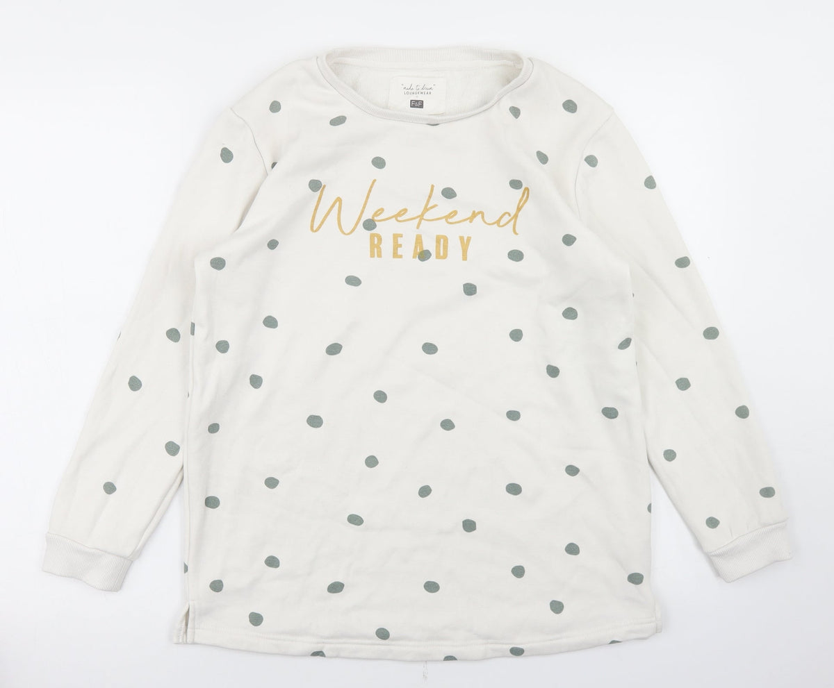 Additional front view of F&F women’s white polka dot polyester pullover sweatshirt, size S, - weekend ready