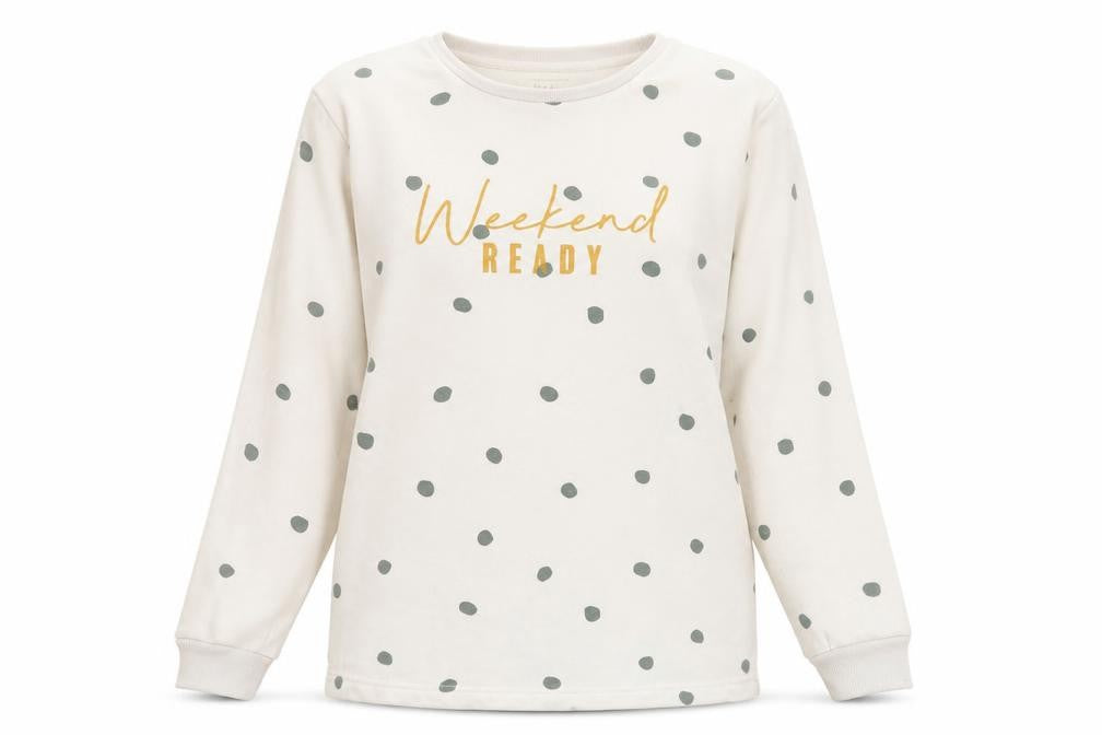 Front view of F&F women’s white polka dot polyester pullover sweatshirt, size S, - weekend ready