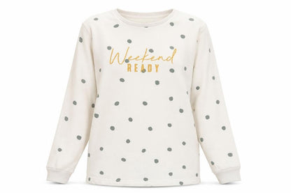 Front view of F&F women’s white polka dot polyester pullover sweatshirt, size S, - weekend ready