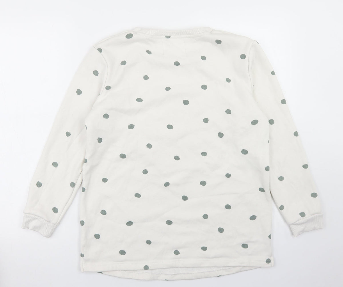 Back view of F&F women’s white polka dot polyester pullover sweatshirt, size S, - weekend ready
