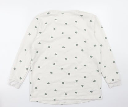 Back view of F&F women’s white polka dot polyester pullover sweatshirt, size S, - weekend ready