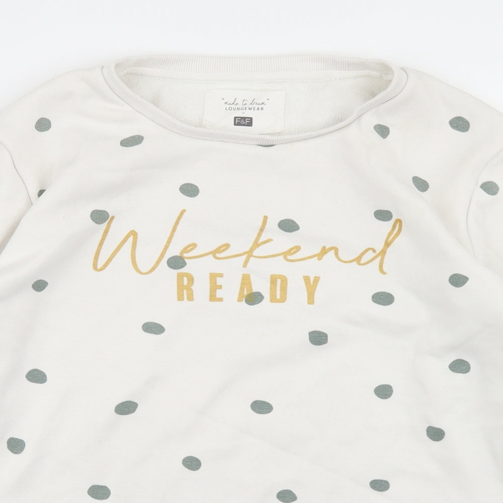 Close-up detail of F&F women’s white polka dot polyester pullover sweatshirt, size S, - weekend ready