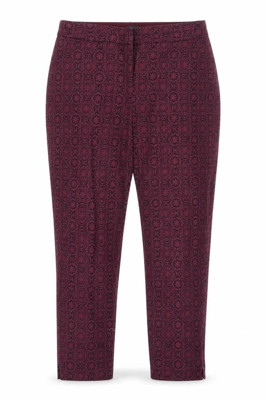 Front view of Atmosphere women’s purple argyle/diamond cotton dress pants trousers, size UK 8, 24-inch leg regular hook & eye