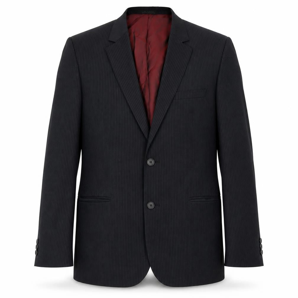 Front view of 1880 Club men’s black striped polyester jacket blazer, size 36