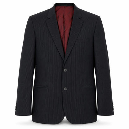 Front view of 1880 Club men’s black striped polyester jacket blazer, size 36