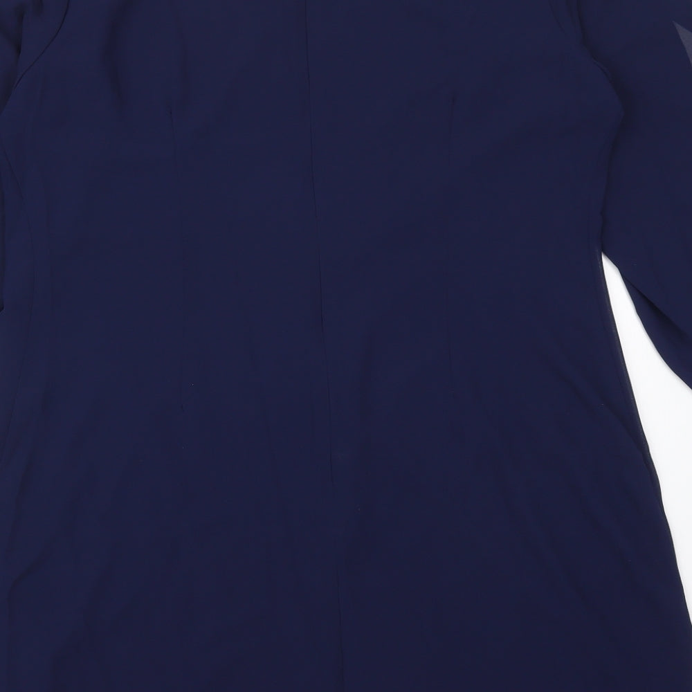 Brand and care label for Grace Karen women’s blue polyester mini, size XL, round neck zip