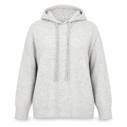 Front view of Dunnes women’s grey acrylic pullover hoodie, size M, pullover
