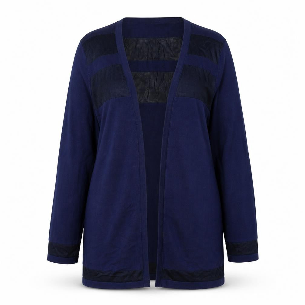Front view of Marks & Spencer women’s blue v-neck striped viscose cardigan jumper, size UK 14