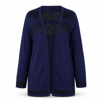 Front view of Marks & Spencer women’s blue v-neck striped viscose cardigan jumper, size UK 14