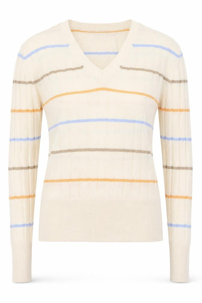 Front view of Marks & Spencer women’s ivory v-neck striped viscose jumper, size S