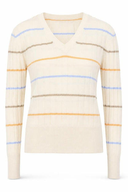 Front view of Marks & Spencer women’s ivory v-neck striped viscose jumper, size S