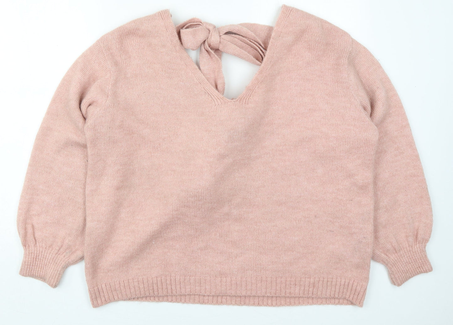 Primark Womens Pink V-Neck  Acrylic Pullover Jumper Size 14   - Pom Pom