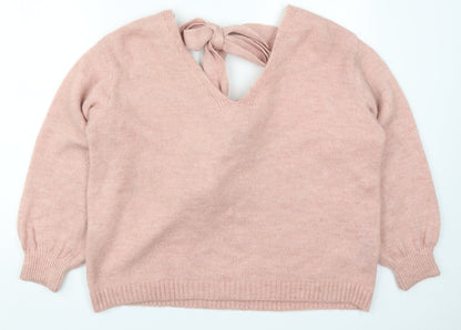 Primark Womens Pink V-Neck  Acrylic Pullover Jumper Size 14   - Pom Pom