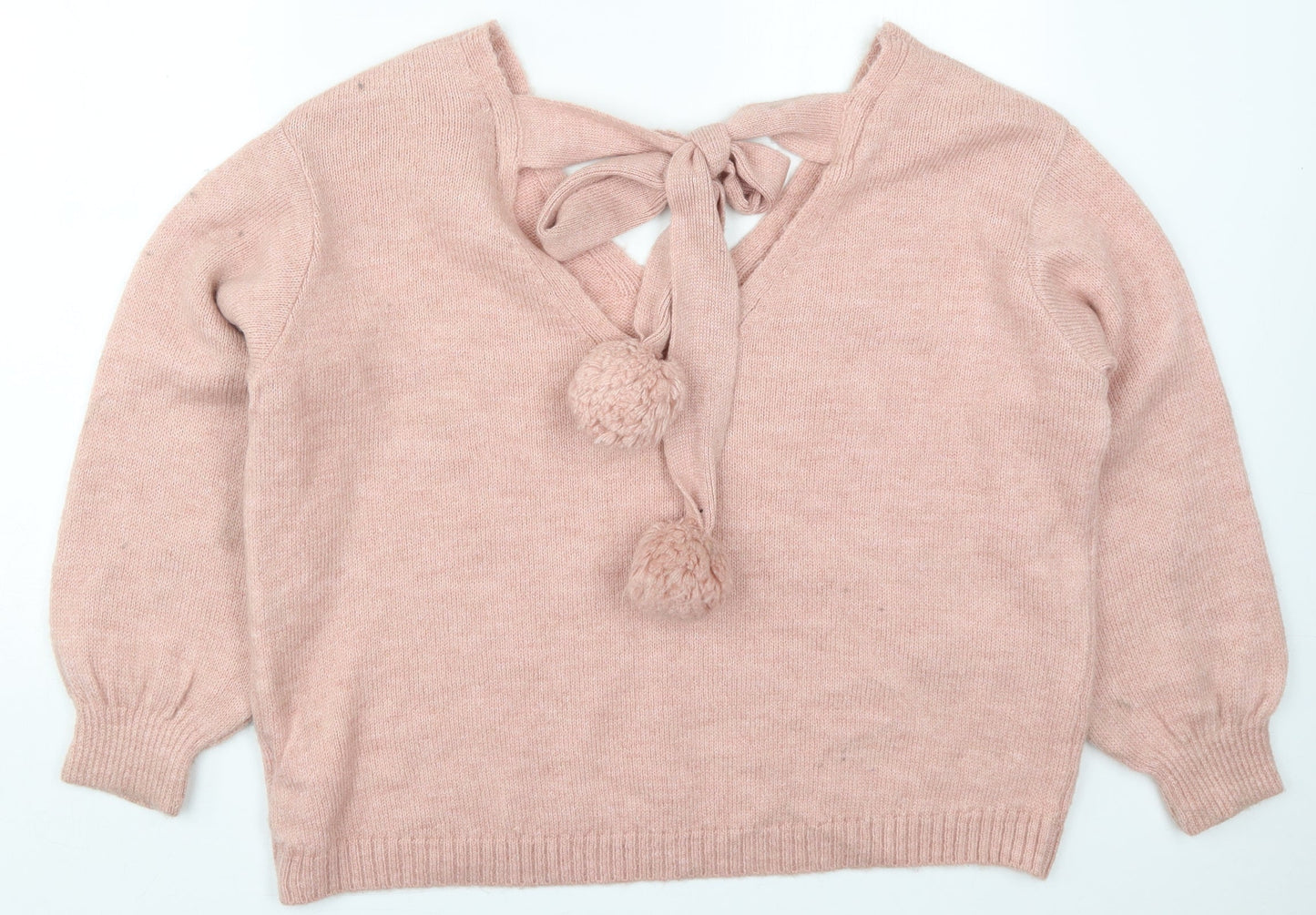 Primark Womens Pink V-Neck  Acrylic Pullover Jumper Size 14   - Pom Pom
