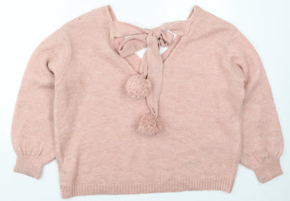 Primark Womens Pink V-Neck  Acrylic Pullover Jumper Size 14   - Pom Pom