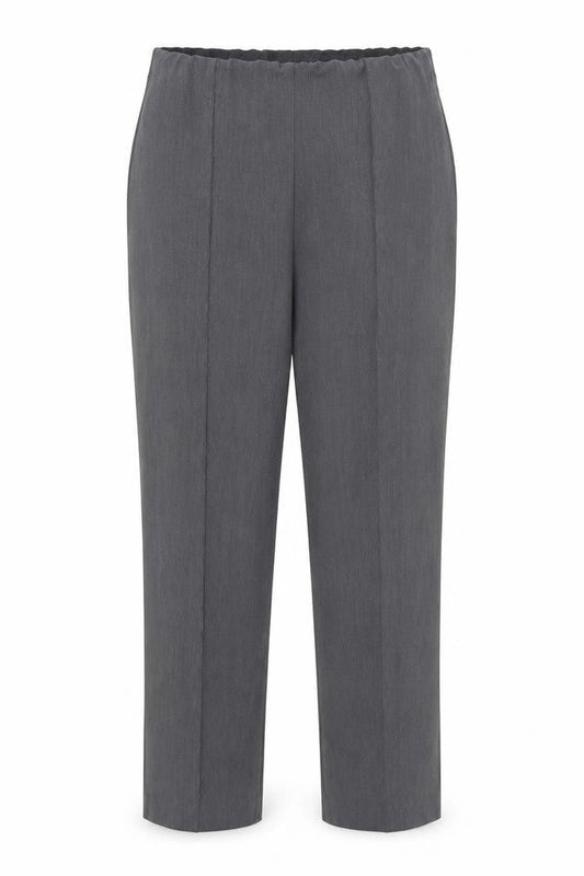 Front view of Bonmarché women’s grey polyester cropped trousers, size UK 18, 24-inch leg regular