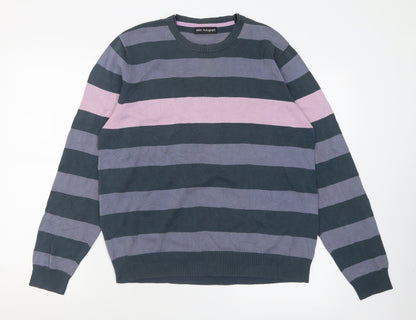 Autograph Mens Purple Crew Neck Striped Cotton Pullover Jumper Size M
