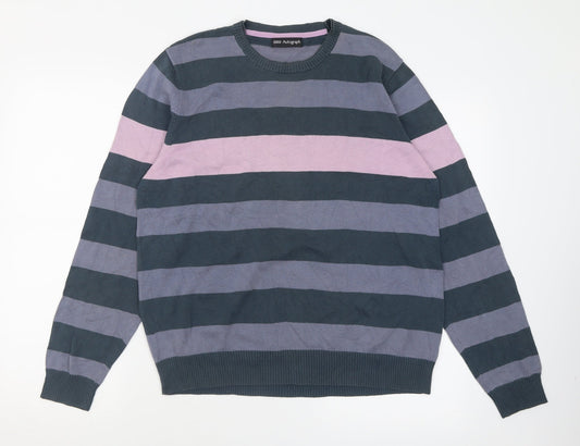Autograph Mens Purple Crew Neck Striped Cotton Pullover Jumper Size M
