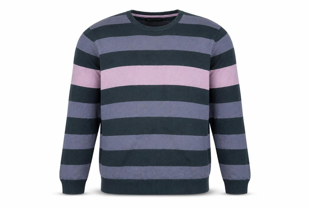 Front view of Autograph men’s purple crew neck striped cotton jumper, size M