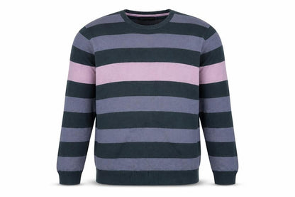 Front view of Autograph men’s purple crew neck striped cotton jumper, size M