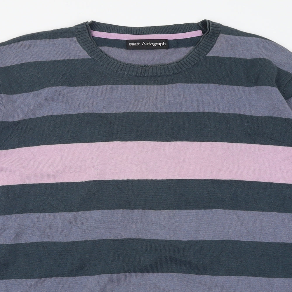 Autograph Mens Purple Crew Neck Striped Cotton Pullover Jumper Size M