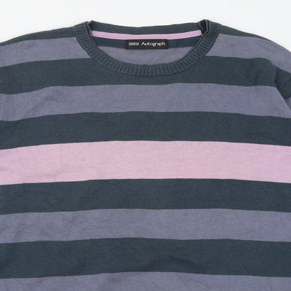 Autograph Mens Purple Crew Neck Striped Cotton Pullover Jumper Size M