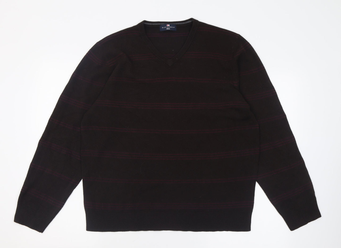 Blue Harbour Mens Brown V-Neck Striped Acrylic Pullover Jumper Size L