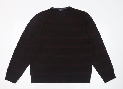 Blue Harbour Mens Brown V-Neck Striped Acrylic Pullover Jumper Size L
