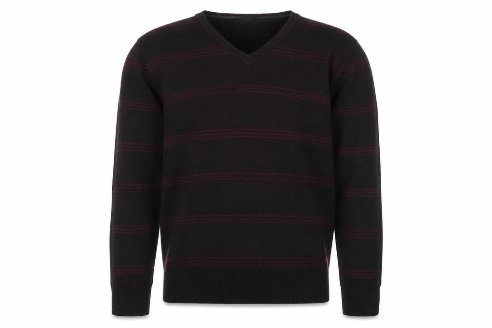 Front view of Blue Harbour men’s brown v-neck striped acrylic jumper, size L