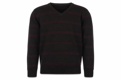 Front view of Blue Harbour men’s brown v-neck striped acrylic jumper, size L