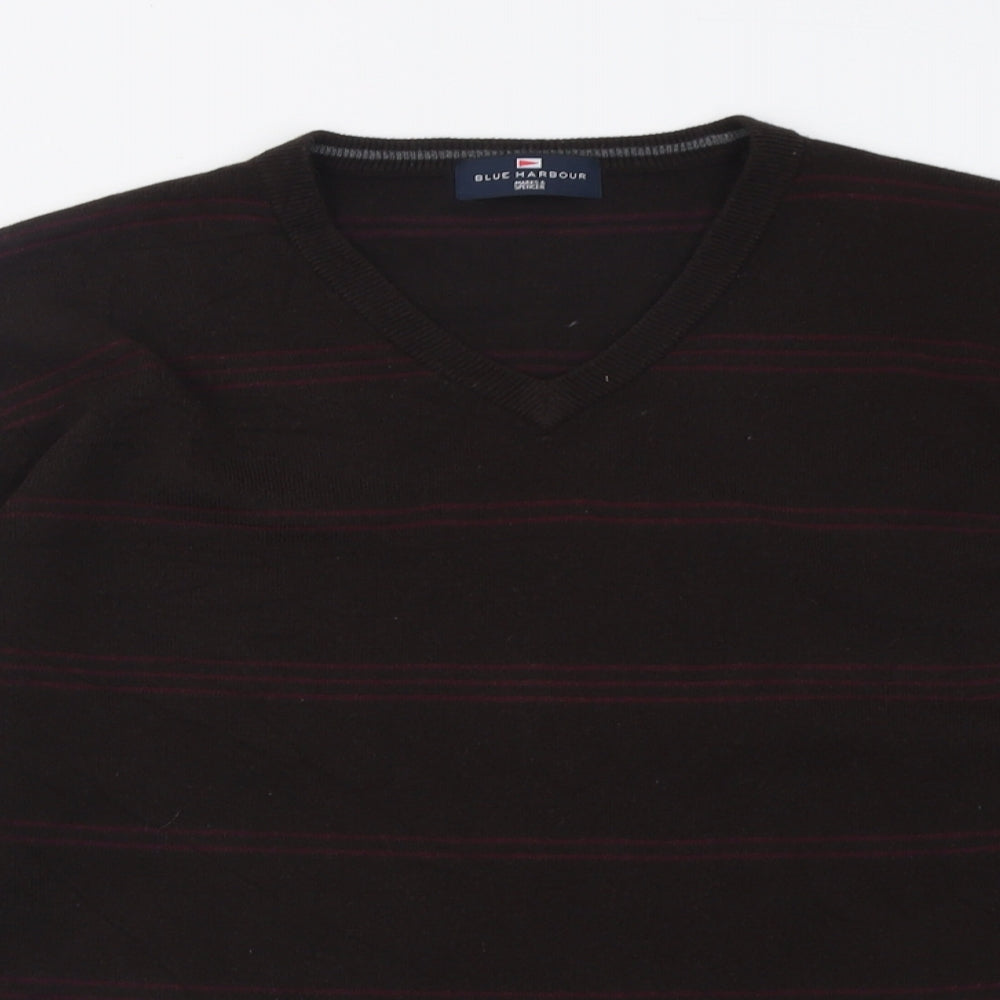 Blue Harbour Mens Brown V-Neck Striped Acrylic Pullover Jumper Size L