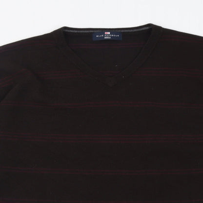 Blue Harbour Mens Brown V-Neck Striped Acrylic Pullover Jumper Size L