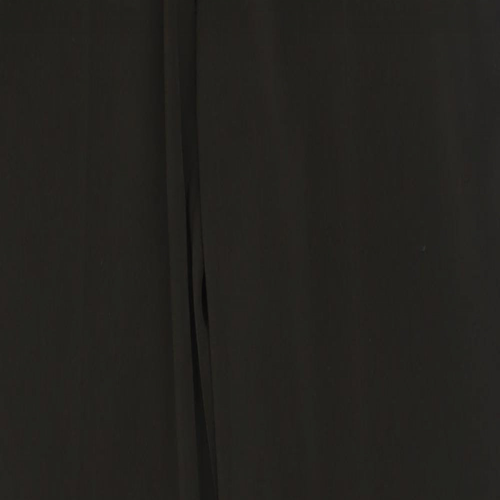 Close-up detail of antonio derrico women’s brown polyester trousers, size UK 12, 32-inch leg regular button
