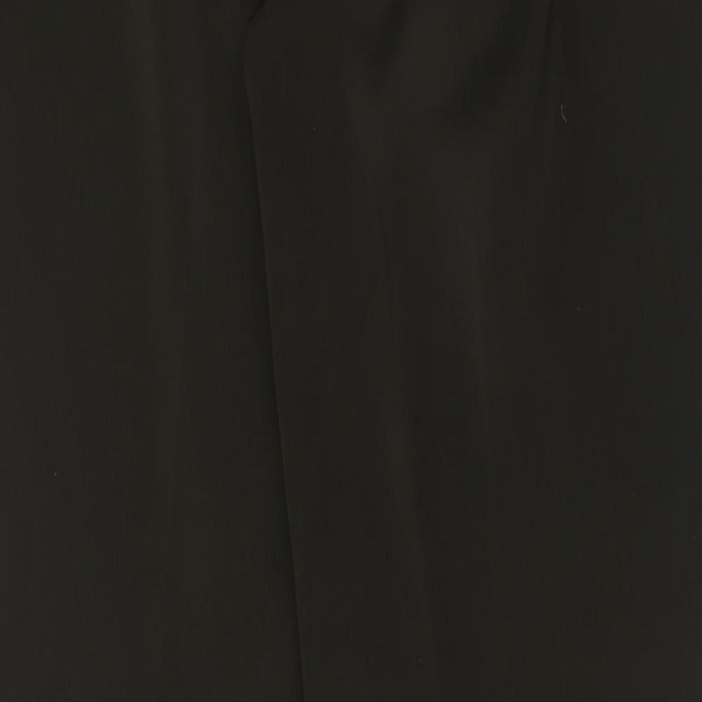 Brand and care label for antonio derrico women’s brown polyester trousers, size UK 12, 32-inch leg regular button