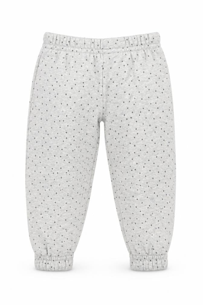 Front view of Primark girls’ grey polka dot cotton jogger trousers, size 9-12, months pullover