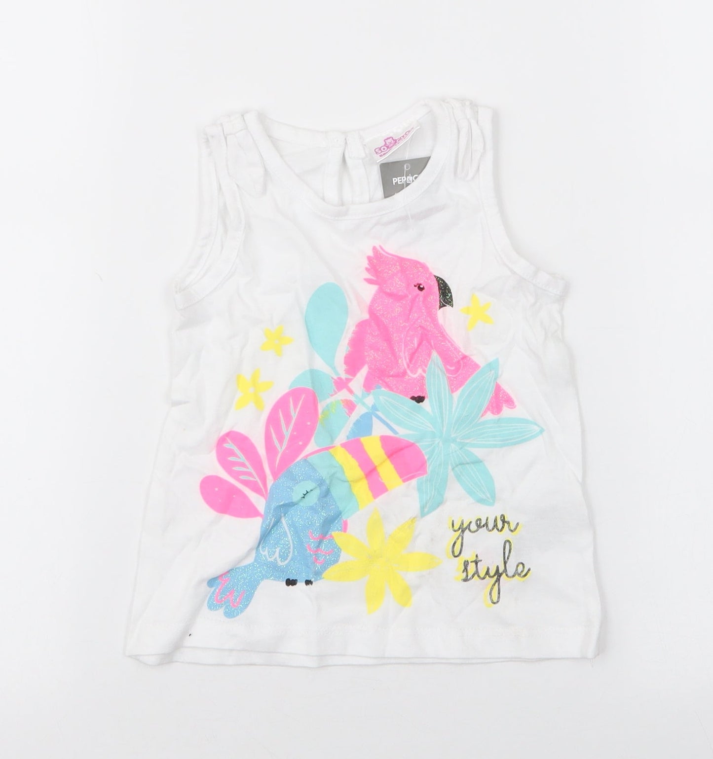 pep & co Girls White Floral 100% Cotton Camisole Tank Size 12-18 Months Round Neck Pullover - Parots