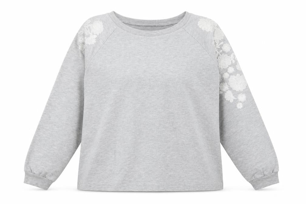 Front view of Dunnes women’s grey floral polyester pullover sweatshirt, size L, pullover