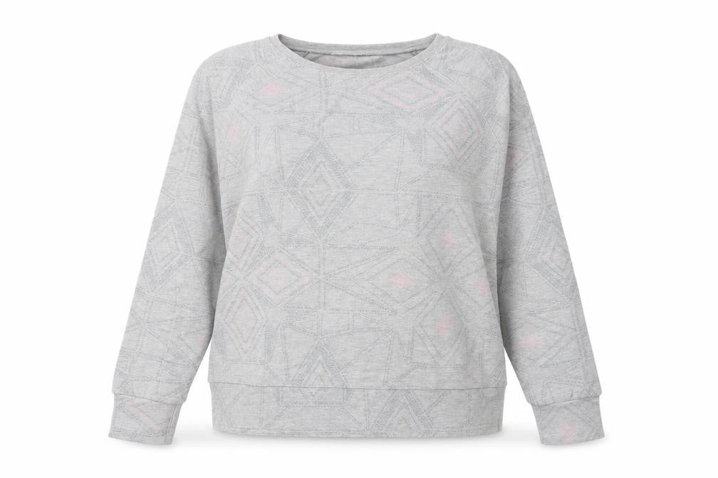 Front view of Maison De Nimes women’s grey geometric cotton pullover sweatshirt, size UK 14, pullover