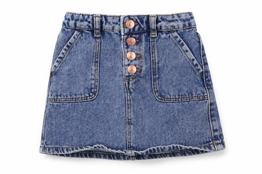 Front view of Denim & Co. girls’ blue 100% cotton a-line skirt, size 5-6, years regular zip