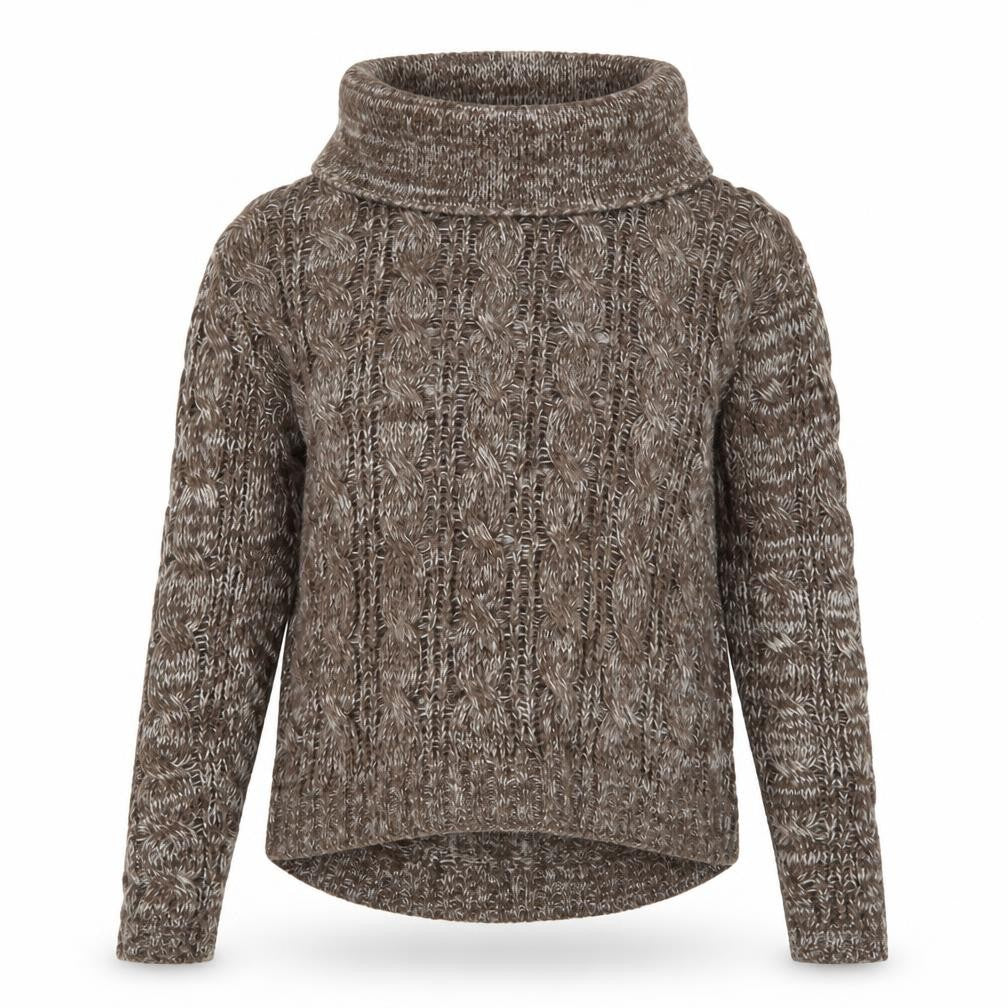 Front view of Shy women’s beige roll neck acrylic jumper, size M