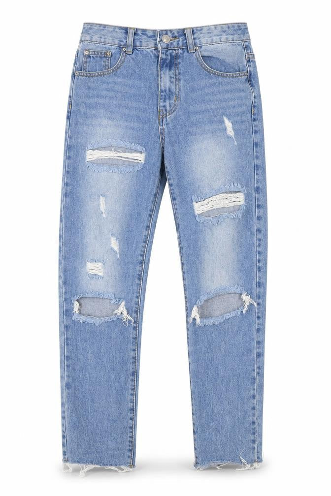 Front view of Momokrom women’s blue cotton mom jeans, size UK 8, 26-inch leg regular button