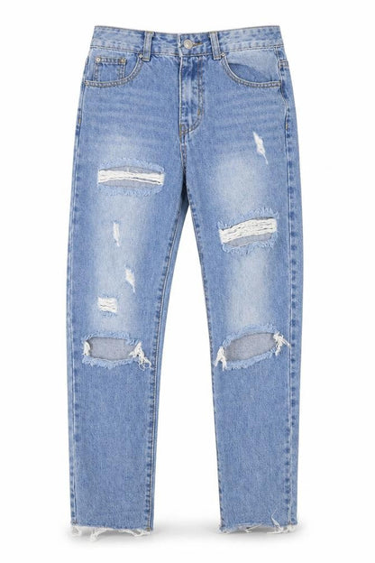 Front view of Momokrom women’s blue cotton mom jeans, size UK 8, 26-inch leg regular button