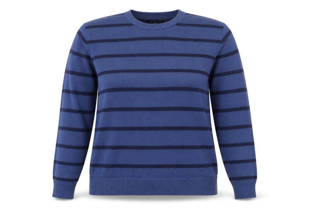 Front view of Blue Harbour women’s blue striped cotton pullover sweatshirt, size L, pullover