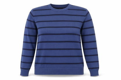 Front view of Blue Harbour women’s blue striped cotton pullover sweatshirt, size L, pullover