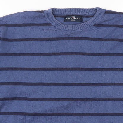 Close-up detail of Blue Harbour women’s blue striped cotton pullover sweatshirt, size L, pullover