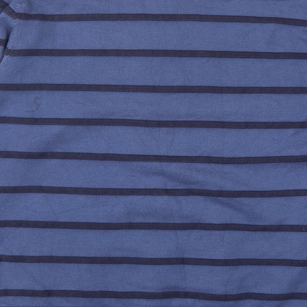 Brand and care label for Blue Harbour women’s blue striped cotton pullover sweatshirt, size L, pullover