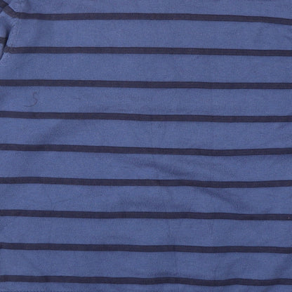 Brand and care label for Blue Harbour women’s blue striped cotton pullover sweatshirt, size L, pullover