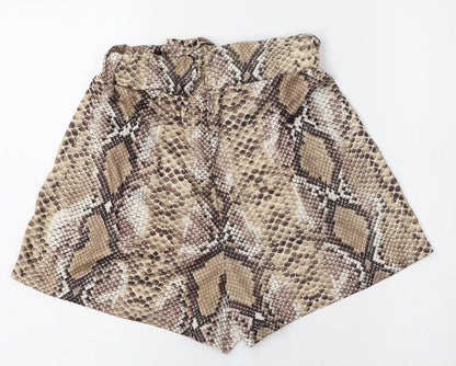 PRETTYLITTLETHING Womens Brown Animal Print Polyester Paperbag Shorts Size 8 L3 in Regular