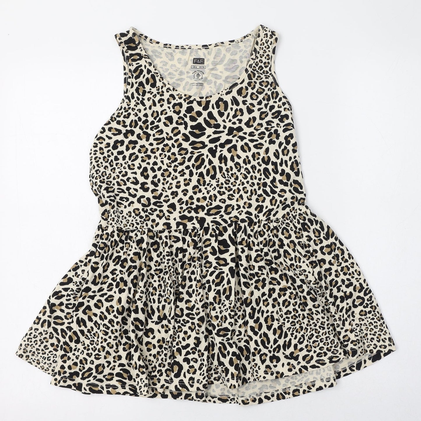 F&F Womens Brown Animal Print 100% Cotton Basic Tank Size 6 Round Neck