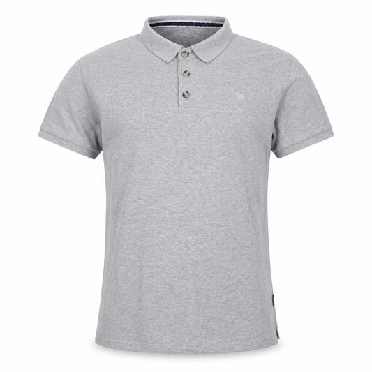 Front view of Bellfield men’s grey cotton polo, size S, collared button